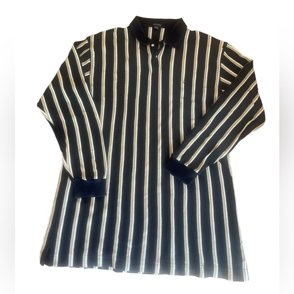 Nautica Vintage Polo Sweater Navy With White and Cream Stripes Mens Size 2X Tall